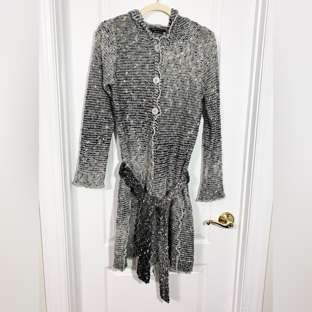 BCBGMaxAzria Hooded Belted Ruffle Trim Long Cardigan Alpaca Mohair Touch Large